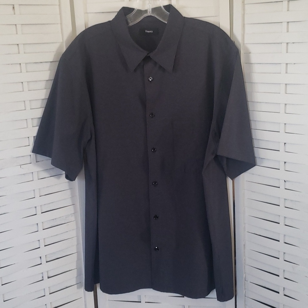 Theory nylon blend short sleeves button down mens shirt charcoal gray XL